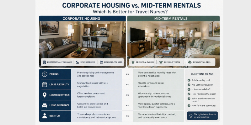 Corporate Housing vs Mid-Term Rentals: Which Is Better for Travel Nurses?